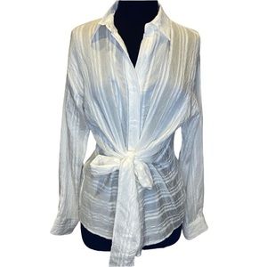 g.p.d. Wrap Tie Blouse White Crinkle Stripe Top Button Down NWT